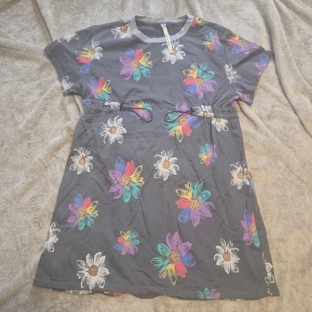 Uncle Frank Floral Print Drawstring Waist Dress Gray XL Cotton Knee Length